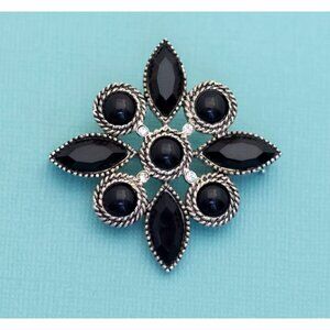 Vintage Art Deco Black Symbolic Beads Silver Tone Brooch - E8